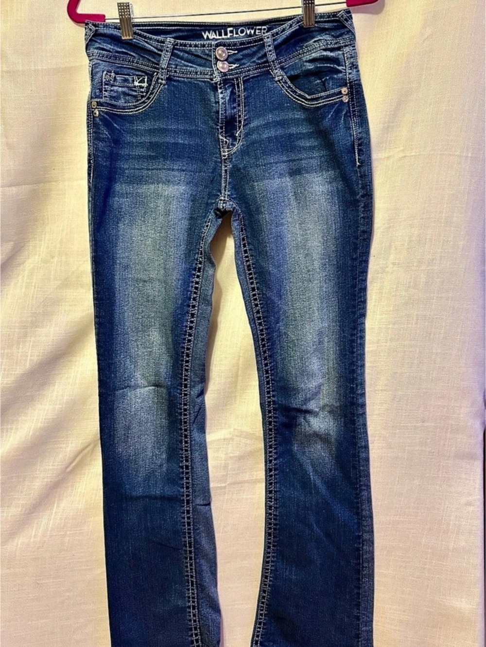 WallFlower Luscious Curvy Bootcut Jeans 7 Long Y2K Embroidered Pocket 32” Inseam